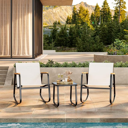Ahomly 3 Pieces Patio Furniture Set, Outdoor Textilene Furniture Set with Wooden Armrests, Coffee Table with Tempered Glass Tabletop, Patio Chairs for Lawn, Balcony, White