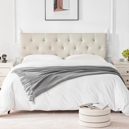 Linen Fabric Upholstered Headboard Queen Size, Modern Diamond Tufting Solid Wood Queen Headboard Only, Adjustable Height from 37” to 51” Head Board, Bed Frame or Wall Mount Headboards, Beige