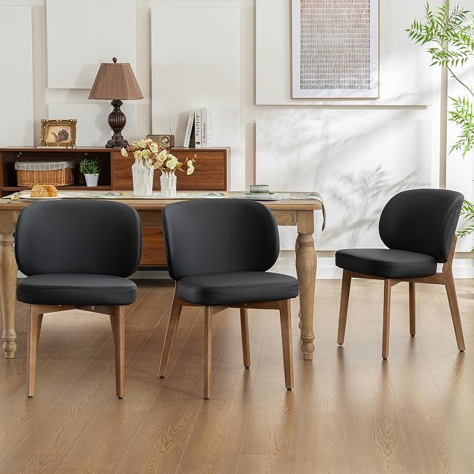 YOUNIKE Dining Chairs Set of 3 Modern Kitchen Dining Room Chairs Black | Faux Leather Upholstered Armless Side Accent Chair with Back Wide Padded Seat Wooden Leg, Soft, Waterproof, Comfortable