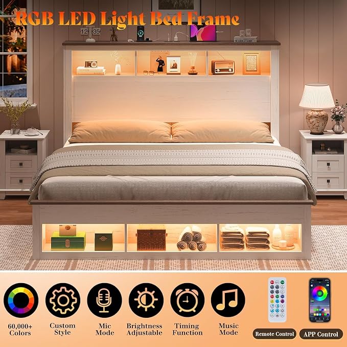 AMERLIFE 3-piece Farmhouse Bedroom Furniture Set, Includes 1 King LED Platform Bed Frame with Bookcase Storage Headboard, Footboard & Charging Station, and 2 Nightstands with Drawers, Distressed White