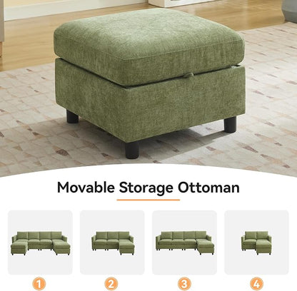 WUTUTUEE 107”Modular Sectional Sofa Convertible U Shaped Sofa Couch Set with Storage for Living Room, Modern 6 Seater Modular Sectional Couch with Movable Ottoman, Chenille(Green)