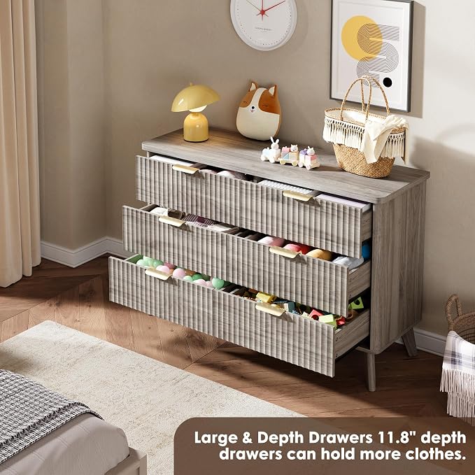 GarveeHome Fluted Dresser for Bedroom with 6 Deep Drawers, 47.2 in Wide Modern Chest of Drawers, Wooden Dresser TV Stand, Curved Profile Design, for Living Room, Kids Room, Hallway, Grey