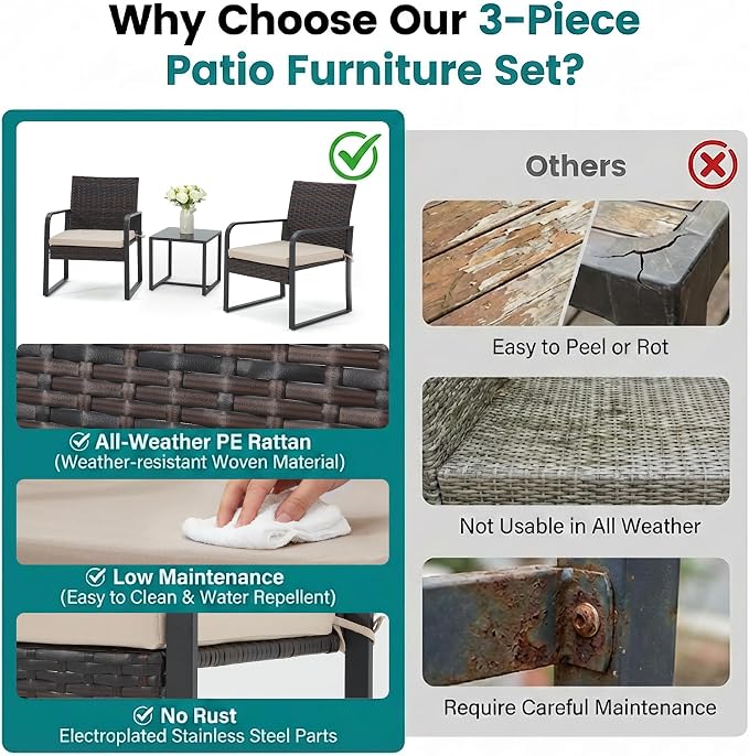 Bezseller 3 Piece Outdoor Patio Furniture Set, Patio Bistro Set Wicker Conversation Set, Modern Rattan Chair with Glass Coffee Table for Backyard, Porches, Poolside, Lawn and Balcony