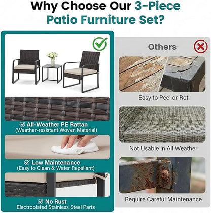 Bezseller 3 Piece Outdoor Patio Furniture Set, Patio Bistro Set Wicker Conversation Set, Modern Rattan Chair with Glass Coffee Table for Backyard, Porches, Poolside, Lawn and Balcony