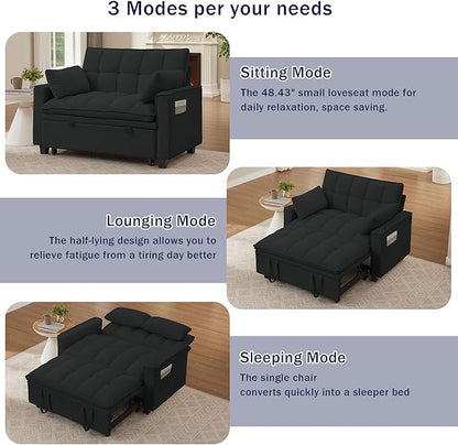 3 in 1 Convertible Sleeper Sofa Bed, 48" Pull Out Couches, Modern Loveseat Sleeper Sofa with Adjustable Reclining Backrest & Side Pockets for Living Room, Black