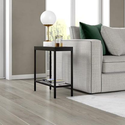 Henn&Hart 24" Wide Rectangular Rectangular Side Table in Blackened Bronze, Table for Living Room, Bedroom | Two-tiered glass shelves with a metal frame, offering open display space for living rooms, offices, or bedrooms