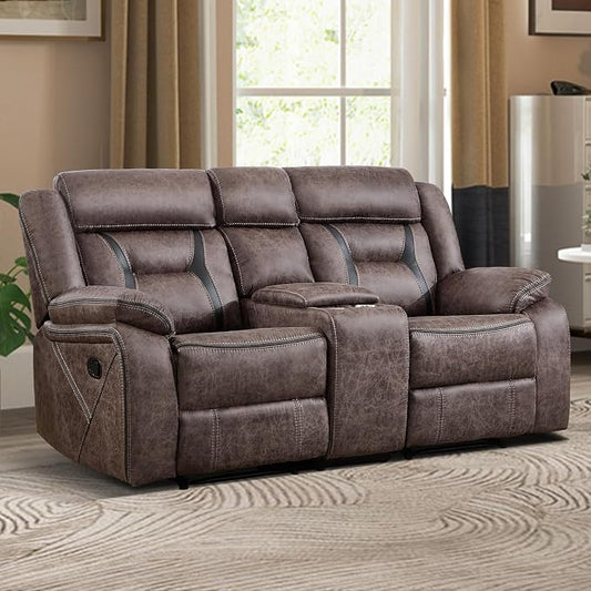 EBELLO Faux Leather Manual Loveseat Recliner, 2 Seat Reclining Sofa Chair with Center Console, Hidden Storage and Cup Holders, Daul Recliner for Living Room, Meeting Room, Grey (Loveseat)