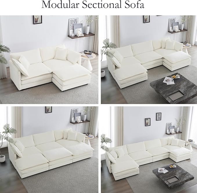 GNIXUU 111.5“ Oversized Modular Sectional Sofa, Comfy Cloud Couch for Living Room, Modern Chenille Large Deep Seat U Shaped Couch with Reversible Chaise & Cushions(6 Seater, Beige White)