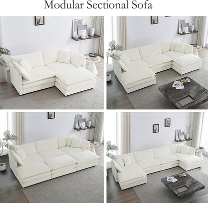 GNIXUU 111.5“ Oversized Modular Sectional Sofa, Comfy Cloud Couch for Living Room, Modern Chenille Large Deep Seat U Shaped Couch with Reversible Chaise & Cushions(6 Seater, Beige White)