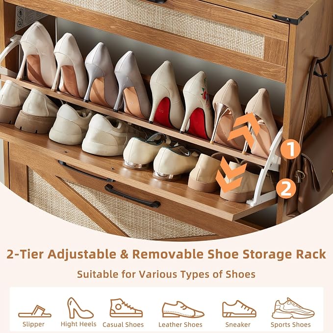 LEYAOYAO Shoe Cabinet Storage for Entryway with 2 Flip Drawers Rack Narrow Organizer Slim Hidden Wood Shoe Cabinet Furniture Tea Brown