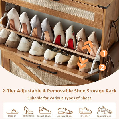 LEYAOYAO Shoe Cabinet Storage for Entryway with 2 Flip Drawers Rack Narrow Organizer Slim Hidden Wood Shoe Cabinet Furniture Tea Brown