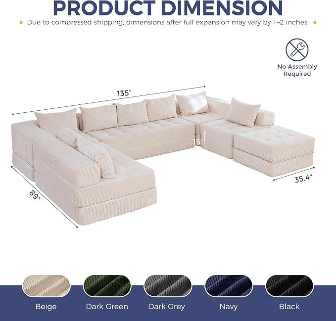 MAXYOYO Modular Sectional Sofa Couch, Foldable Oversized U Shaped Cloud Couch with Pillows, Tufted Boneless Lounger Floor Sofa Bed for Living Room, No Assembly Required, Beige