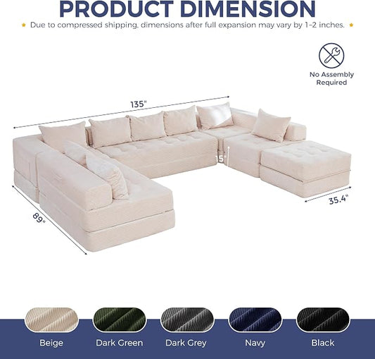 MAXYOYO Modular Sectional Sofa Couch, Foldable Oversized U Shaped Cloud Couch with Pillows, Tufted Boneless Lounger Floor Sofa Bed for Living Room, No Assembly Required, Beige