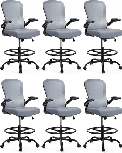 ErGear Drafting Chair,Tall Office Chair with Flip-Up Armrests, High Desk Chair Adjustable Height and Adjustable Footrest Ring, Ergonomic Standing Desk Chair with Lumbar Support, Blue,6 Pack