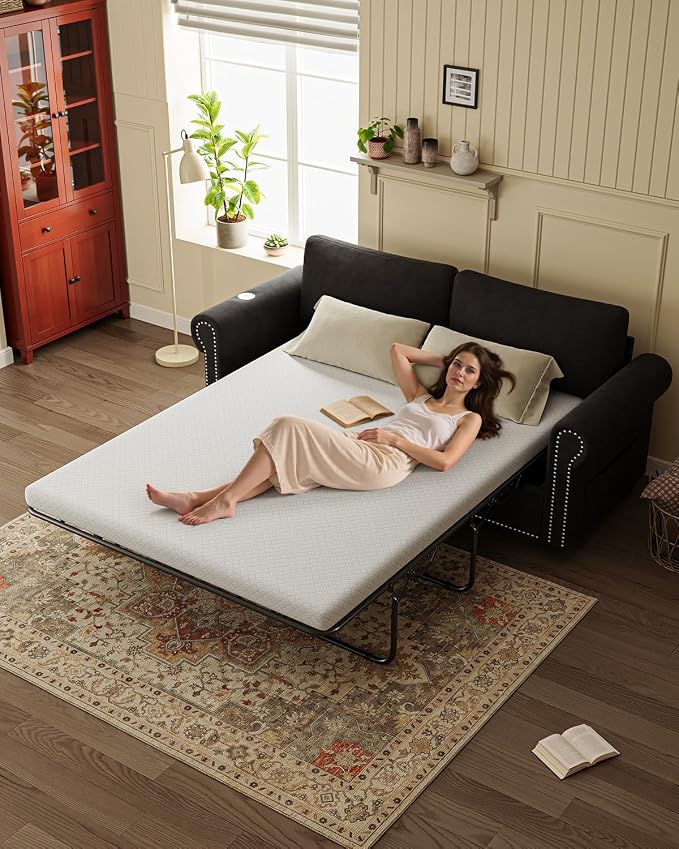Queen Pull Out Sofa Bed | 83" Large Sleeper Sofa with Queen Size Mattress | 2-in-1 Convertible Loveseat Sofa-Bed with USB Ports Side Pockets Black