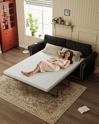 Queen Pull Out Sofa Bed | 83" Large Sleeper Sofa with Queen Size Mattress | 2-in-1 Convertible Loveseat Sofa-Bed with USB Ports Side Pockets Black