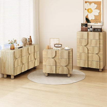 Fluted Dresser for Bedroom with 6 Drawers, 54" Wide Mid Century Modern Chest of Drawers , Wooden Curved Dresser TV Stand, Wood Closet Clothes Storage Organizer for Living Room, Hallway, Natural