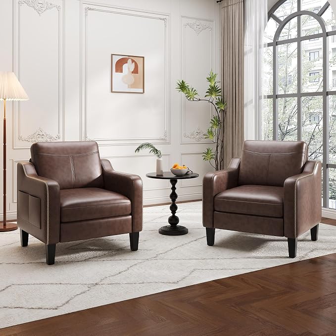 MALOL PU Leather Accent Chair, Mid-Century Modern Living Room Armchair Sofa with Removable Cushions, Solid Wood Frame & Stitched Armrest Design, Bedroom Chair with Plastic Legs, Chocolate Brown