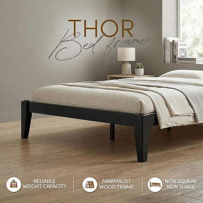 Thor Premium Solid Wood Bed Frame Queen, Japanese Joinery Bed Frame with Wood Slat Support, Platform Bed, No Box Spring Needed, Easy Assembly, Minimalist & Modern Style (Midnight Charcoal)