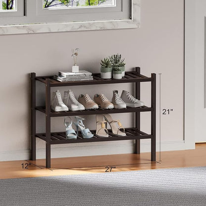 ROMGUAR CRAFT 3 Tier (Thick) Bamboo Shoe Rack for Closet Free Standing Wood Shoe Shelf for Entryway Small Space Stackable 27"x12"x21" (Black Brown)