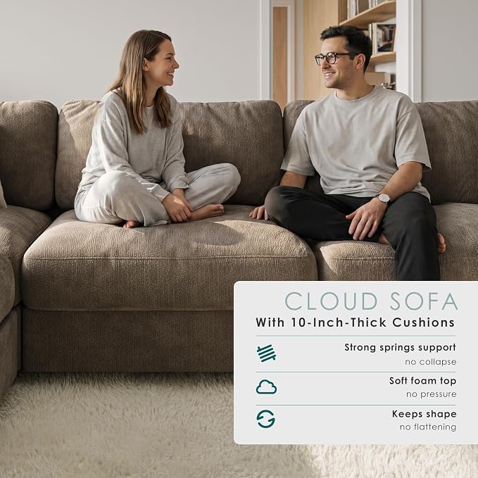 114" Cloud Couch Sectional Couches for Living Room Brown | 10" High-Resilience Cloud Cushion, 36" Movable Ottoman, Plus-Size Friendly Couch, 28" Extra Deep Seat Sofa