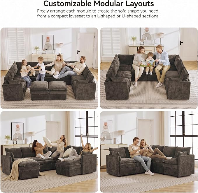 130" Brown Oversized Modular Storage Sofa, U Shaped Chenille Cloud Couch | Oversized Convertible Sectional Sofa, 9-Seat Sectional Couch With 2 Ottomans, Large Cloud Couch For Living Room, Apartment.