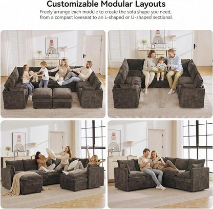 130" Brown Oversized Modular Storage Sofa, U Shaped Chenille Cloud Couch | Oversized Convertible Sectional Sofa, 9-Seat Sectional Couch With 2 Ottomans, Large Cloud Couch For Living Room, Apartment.