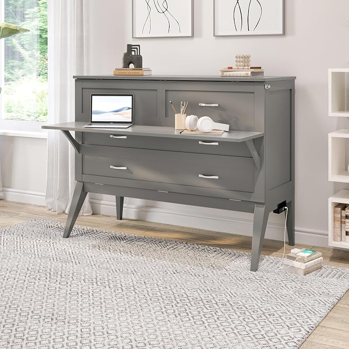 AFI, Northampton Full Size Murphy Bed Desk with Memory Foam 6" Mattress and Built-in USB Charger, Grey