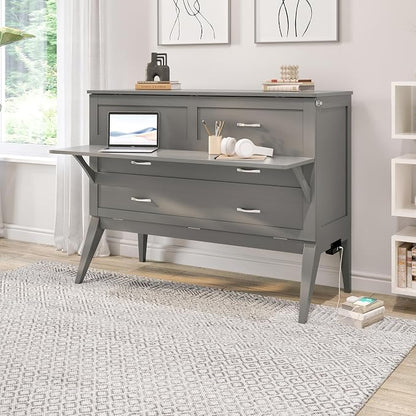 AFI, Northampton Full Size Murphy Bed Desk with Memory Foam 6" Mattress and Built-in USB Charger, Grey