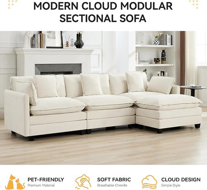 111'' Sectional Cloud Deep Seat Couch, Modern Comfy Chenille L Shaped Sectional Sofa for Living Room Set, Upholstered Modular 4-Seats Sofa Couch with Movable Ottoman, Beige