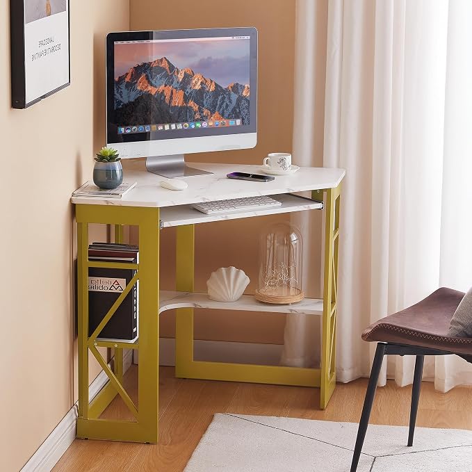 VECELO Corner Computer Desk 41 x 30 inches with Smooth Keyboard & Storage Shelves for Home Office Workstation,White & Gold