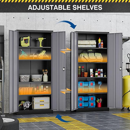 Fesbos Metal Storage Cabinet-72” Tall Steel File Cabinets with Lockable Doors and Adjustable Shelves-Black&Gray Steel Storage Cabinet for Kitchen, Office, Garage