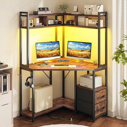 DurayLoly 63" Triangular Corner Desk with Hutch,Ample Storage for Small Room,Spacious 36" W Desktop,2 Fabric Drawers and Bottom Wooden Shelves,Versatile Computer Desk that Meets All Your Needs,Brown