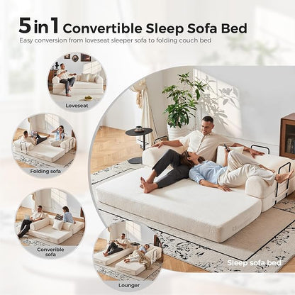 79" 5-in-1 Convertible Sofa Bed No Assembly, Boneless Couch Bed with High Density Foam, Foldable Sleeper Sofa, Corduroy Modular Couch for Apartment, Studio, Dorm Room, Small Space, Beige White