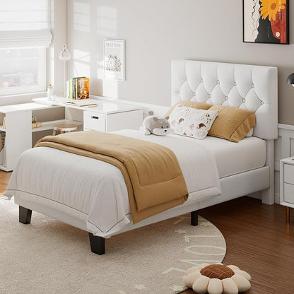 Feonase Velvet Twin Size Bed Frame with Button Tufted Headboard, Upholstered Bed with Wooden Slats Support, No Box Spring Needed, Easy Assembly, Noise-Free, White