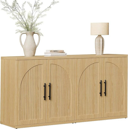 MapleGrace 63" Fluted Buffet Cabinet with Storage, Modern Symmetrical Arched Sideboard Credenza with Adjustable Shelf, Elegant Wood Console Table for Dining Room, Kitchen, Living Room(Oak)