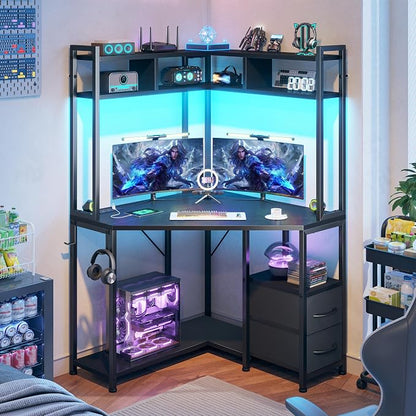 DurayLoly 63" Triangular Corner Desk with Hutch,Ample Storage for Small Room,Spacious 36" W Desktop,2 Fabric Drawers and Bottom Wooden Shelves,Versatile Computer Desk that Meets All Your Needs,Black
