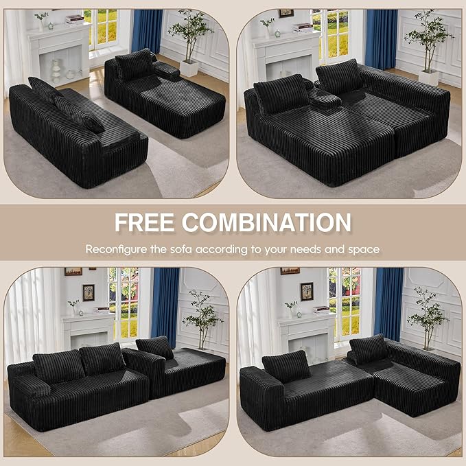 Hobestluk Boneless Couch Modular Sectional Sofa L-Shape Oversized Chaise | 108" Right Facing Chaise Black,Memory Foam,Removable Cover,Non-slip Bottom,No Assemble Required,Living Room Furniture