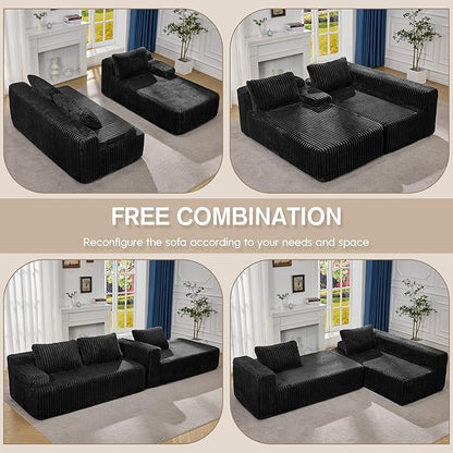 Hobestluk Boneless Couch Modular Sectional Sofa L-Shape Oversized Chaise | 108" Right Facing Chaise Black,Memory Foam,Removable Cover,Non-slip Bottom,No Assemble Required,Living Room Furniture