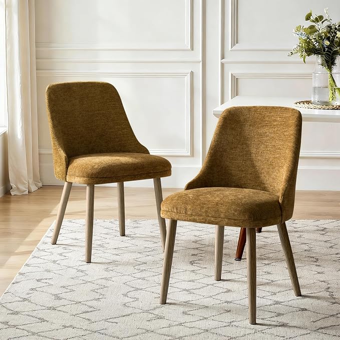 Upholstered Dining Chairs Set of 2, Fabric Dining Room Chairs with Curved Backrest, Solid Wood Legs, Modern Kitchen Chairs for Dining Room Living Room, Golden