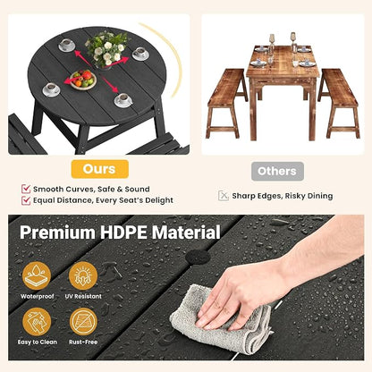 Pamapic 5 PCS Round Outdoor Dining Set, Wood Grain HDPE Outdoor Table and Chairs with 105° Ergonomic Backrest, Durable Patio Dining Table with Umbrella Hole, Black