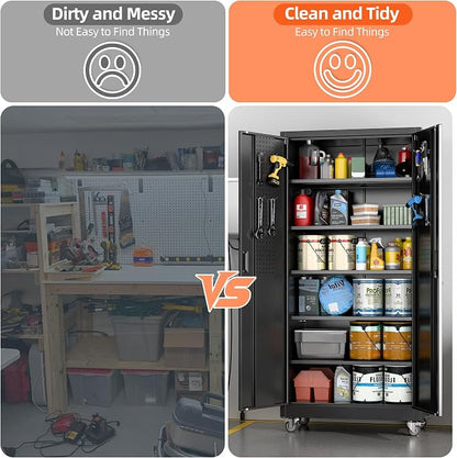 Garage Storage Cabinet with Wheels & Pegboard Doors, Lockable Metal Storage Cabinet with 5 Adjustable Shelves for Garage, Home, Black, Assembly Required, 71" H x 34" W x 18" D