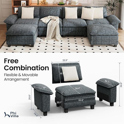 PHI VILLA Cloud Modular Couch Sets, 157.5" Oversized Sectional Sofa with U-Shaped Chaise, 6-Seater Couches with Movable Ottomans for Living Room, Chenille Dark Cyan