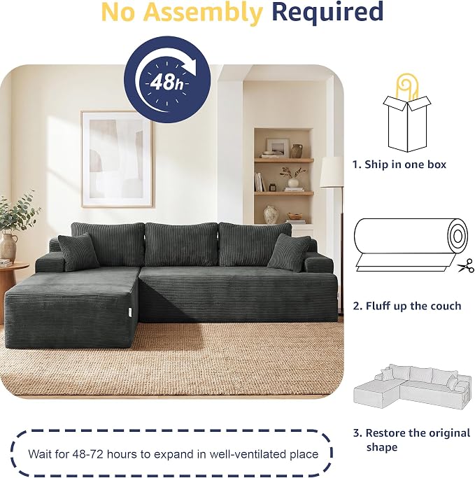 Hobestluk Modular Sectional Sofa Couches L-Shape Couch 3 Seat Modular Sofa Memory Foam Sectional Couches for Living Room, Cloud Couch with Oversized Chaise (Grey Corduroy, 96", Left Hand Facing)