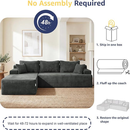 Hobestluk Modular Sectional Sofa Couches L-Shape Couch 3 Seat Modular Sofa Memory Foam Sectional Couches for Living Room, Cloud Couch with Oversized Chaise (Grey Corduroy, 96", Left Hand Facing)
