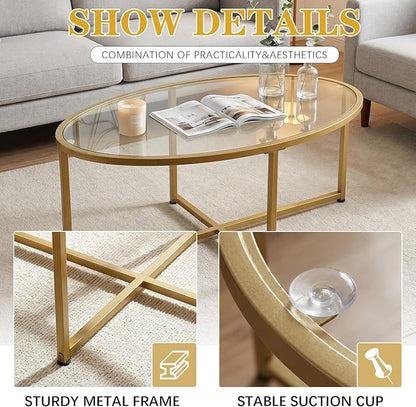 Wolawu Coffee Table Gold Oval Glass Coffee Tables for Living Room,Modern Gold Metal Frame Tea Tables for Small Space, Tempered Glass Top Center Table with Stable Cross Base for Bedroom, Office,Balcony