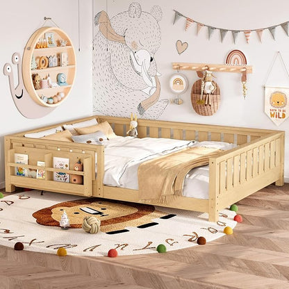 Bellemave Queen Size Montessori Floor Bed with Slats and Fence, Queen Size Montessori Bed with Rails and Bookcase, Easy Assemble Floor Beds Frame,Light Natural