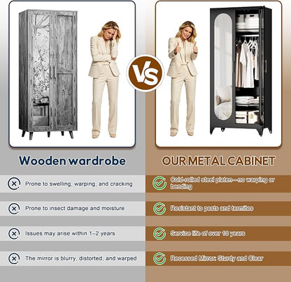 UNICOLY Metal Wardrobe Cabinet with Mirror Doors，71" Tall Armoire Wardrobe Closet with Hanging Rod and Adjustable Shelves，Black Clothing Storage Cabinets for Bedroom, Living Room,Office