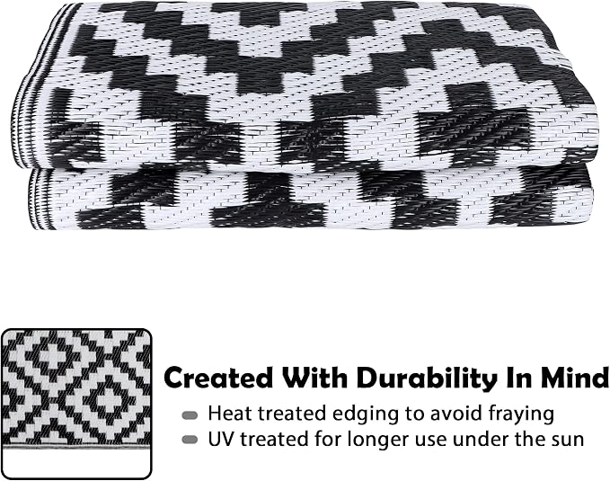 SAND MINE Waterproof Outdoor Rug 4x6 ft, Plastic Reversible Rug, Modern Area Rug, Large Floor Mat for Outdoors, RV, Patio, Backyard, Deck, Picnic, Beach, Camping (4' x 6', Black & White Lattice)