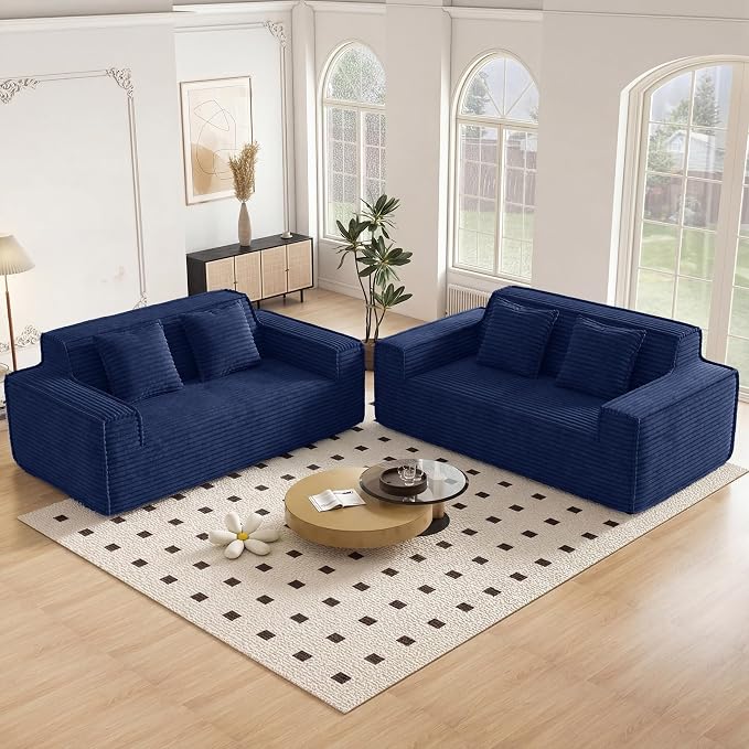 75'' Modern Cloud Loveseat Sofa Set of 2, No Assembly Required Comfy Deep Seat Couches 2 pcs for Living Room, Bedroom, Apartment (Corduroy-Blue)